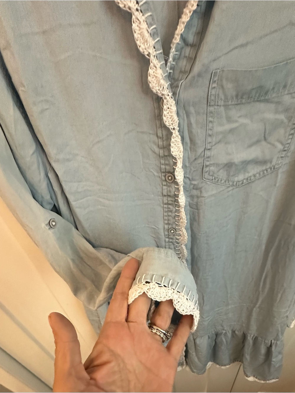 Time and Tru Light Blue Chambray Dress with Hand Crochet-Trim upcycled - Picture 4 of 7